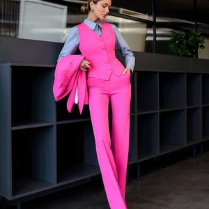 Pink Crepe Pants Suit: Women&#39;s 3-Piece Blazer & Vest Set
