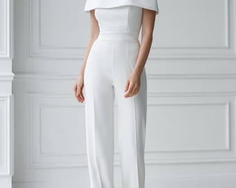 Off-Shoulder White Bridal Jumpsuit, Plus Size