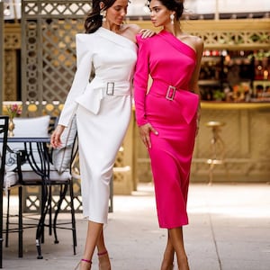 One Sleeve Midi Dress: Crepe & Satin Formal Dress with Belt