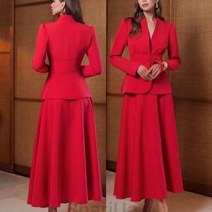 Red Blazer and Midi Skirt Set: Elegant Women&#39;s Suit - Festive Occasion