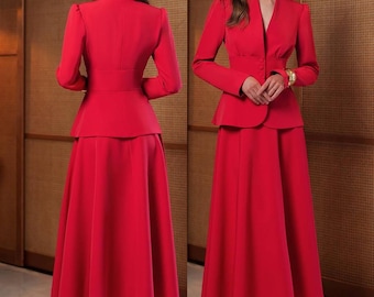 Red Blazer and Midi Skirt Set: Elegant Women's Suit - Festive Occasion
