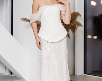 Traje de falda blanca, traje de novia de dos piezas