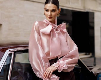 Pink Organza Blouse: Sheer Long Sleeve Tie Neck Top