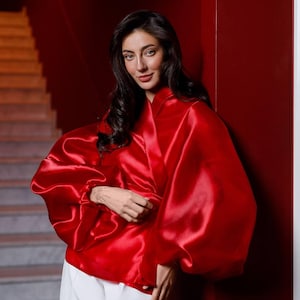 Puff sleeve shirt, statement blouse, party blouse women, red silk blouse, wrap organza shirt, festive blouse, sheer puff sleeves