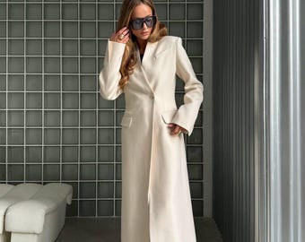 Abrigo largo de invierno color marfil, elegante mezcla de cachemira, abrigo sastre para mujer