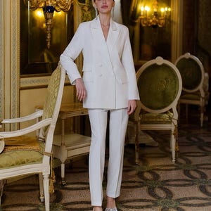 White Crepe Wedding Suit: Double-Breasted Blazer & Slim Pants