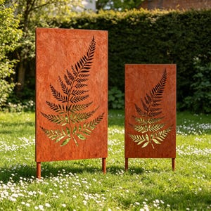 Rusty Metal Fern Frond Garden Panel, Weather-Resistant Rusty Privacy Screen, Dappled Shadow Cast Yard Art for Nature Lovers