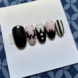 wednesday presson nails |  pressons | hand painted | handmade | nail art | nail artist | gel polish | adams family | Tim Burton
