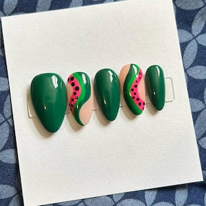 watermelon presson nails |  pressons | hand painted | handmade | nail art | nail artist | gel polish | summer | fruit nails | summer nails