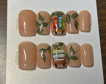 bookish presson nails |  pressons | hand painted | handmade | nail art | nail artist | gel polish | bookish | book nails | books | bookshelf