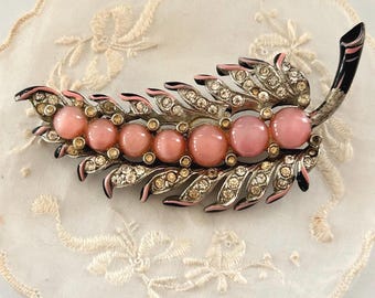 Vintage Art Deco Pink Moonstone Frond Brooch