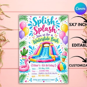 May include: A 12.7 x 17.8 cm birthday invitation card featuring a colourful inflatable waterslide, pink flamingo float, cactus, ice cream, and beach ball. The text reads Splish Splash Join us for a Waterslide Bash, Oliver's 6th Birthday, and event details.