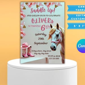 May include: A party invitation with a horse illustration, pink cowboy boots, and a hat. The invitation reads "Saddle Up!" and announces Oliver's 6th birthday on September 29th. The Canva template is editable and customizable.