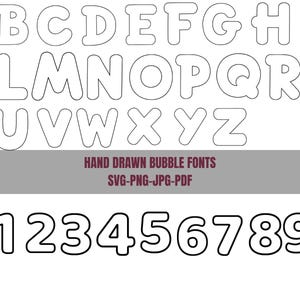 May include: Black and white bubble font set featuring the alphabet from A to Z and numbers 0 to 9. The text "HAND DRAWN BUBBLE FONTS SVG-PNG-JPG-PDF" is also included in the image.