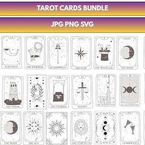 May include: A bundle of tarot cards with various illustrations, including The Emperor, The Star, and The Moon. The cards are black and white with detailed line drawings. The text "TAROT CARDS BUNDLE" is at the top.