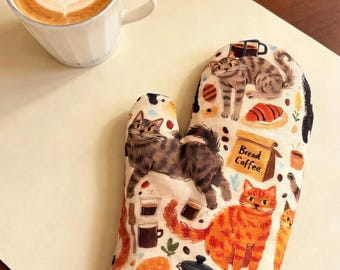 Manopla de horno hecha a mano con diseño de gato y café: un bonito regalo de cocina para los amantes de los gatos y el café. Juego de manopla y agarradera para horno: regalo de inauguración.