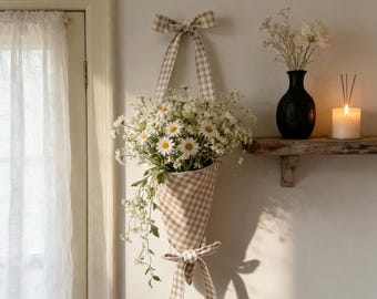 Handmade Linen Hanging Flower Bag, Cottagecore Wall Pocket Decor- Flower Gift Bag- Housewarming Gift