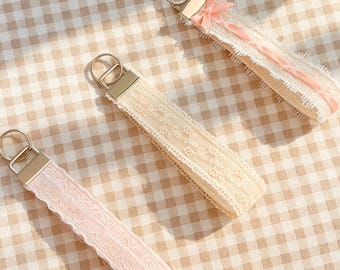 Handmade Lace Wristlet Lanyard- Double Layer Canvas Phone Strap- Vintage Floral Key Lave Fob- Cute Car Keychain Holder- Coquette Hand Strap