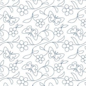 Könnte beinhalten: Ein sich wiederholendes Muster mit dunkelblauen Linien auf weißem Hintergrund. Das Design besteht aus stilisierten Schmetterlingen, fünfblättrigen Blumen und geschwungenen, rankenartigen Stängeln, die die floralen und Insektenelemente verbinden.