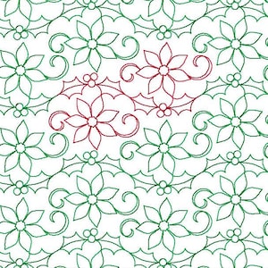 Peut inclure: Motif répété de poinsettias verts, de feuilles de houx et de baies, avec deux poinsettias rouges au centre. Le motif présente un aspect brodé détaillé, idéal pour les travaux manuels et les décorations de Noël.