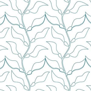 Puede incluir: Un patrón repetitivo con líneas de color verde azulado que representan tallos verticales con hojas alternas sobre un fondo blanco. El diseño consiste en contornos continuos, finos y dibujados a mano de follaje dispuestos en orientación vertical.