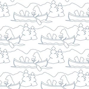 May include: A repeating pattern on a white background featuring dark blue line art illustrations of bears paddling canoes on water, accompanied by stylized evergreen trees and mountain silhouettes in the background of each scene.