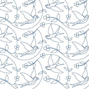 Peut inclure: Motif répétitif de hirondelles bleues en vol, entrelacées de brins de baies et de feuilles, sur fond blanc. Le motif, d'aspect brodé, évoque la légèreté et le mouvement. Idéal pour textiles et décorations.