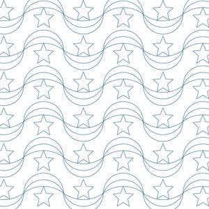 Pode incluir: Um padrão repetitivo de estrelas azuis e formas de crescente sobre um fundo branco. O design apresenta uma série de linhas onduladas, cada uma contendo uma estrela e três linhas curvas, criando um arranjo simétrico.