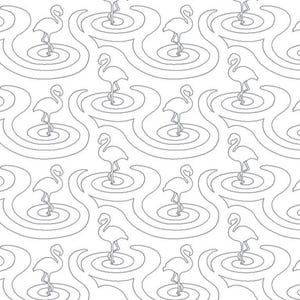 Peut inclure: Motif répété de flamants roses stylisés dans l'eau. Chaque flamant rose est représenté par un simple dessin au trait continu, entouré de cercles concentriques suggérant des ondulations. Le motif est en nuances de gris sur fond blanc.