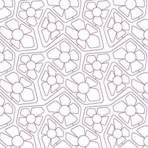 Peut inclure: Motif floral stylisé répété en nid d'abeille. Les fleurs ont un cercle central avec des pétales rayonnants, le tout souligné d'un fin trait violet foncé sur fond blanc. Le motif est symétrique et géométrique.