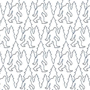 Peut inclure: Motif répétitif sur fond blanc avec des silhouettes de Bigfoot et des sapins stylisés en contour bleu foncé. Le motif crée un effet texturé, adapté au tissu ou au papier peint, sur le thème de la forêt.