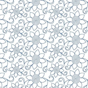 Puede incluir: Patrón repetitivo de motivos florales azules sobre fondo blanco. Cada flor presenta un centro en espiral y está conectada por tallos curvos, creando un diseño fluido. El patrón tiene una textura cosida o bordada. El diseño está espaciado uniformemente y es denso.