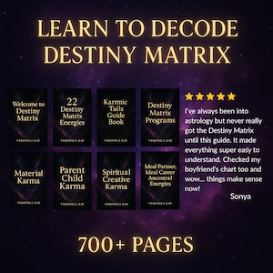 May include: An image promoting a book series, "Learn to Decode Destiny Matrix." The books cover topics such as "Karmic Tails Guide Book" and "Spiritual Creative Karma." The image also includes a customer review and states "700+ PAGES."