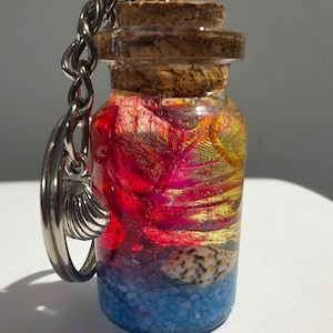 Ocean Resin Keychain, Miniature Seashell Bottle, Blue Sand Potion Keyring, Coastal Charm