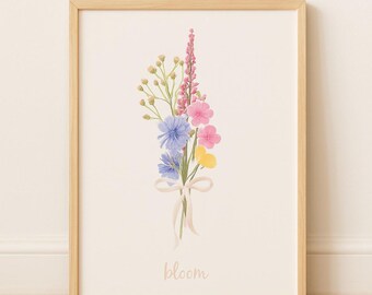 Lámina infantil de flores silvestres en acuarela: Arte floral bohemio para pared (descarga digital)