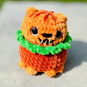 Handmade pumpkin cat for Halloween. Cat has bright orange yarn, bright sparkling eyes, and a green collar around its neck.