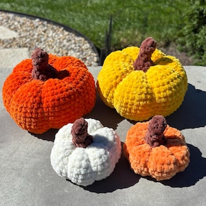 May include: A collection of four plush, crocheted pumpkins in varying sizes and colors. One large orange pumpkin, one large yellow pumpkin, one small white pumpkin, and one small light orange pumpkin, each featuring a textured brown stem.