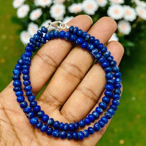 Natural Lapis Lazuli Beaded Necklace, 6-7mm Smooth Round Beads,Natural Gemstone, 925 Sterling Silver, Unisex Nacklace, Gift For Mens Women&#39;s