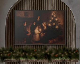 May include: A framed sepia-toned painting depicts a family gathered around a Christmas tree, with a child holding a candle. The painting is mounted on a wooden wall with a decorative garland of pine and lights. The overall theme is a cozy Christmas scene.