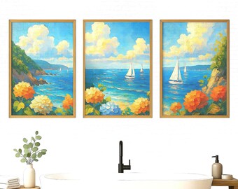 Coastal Hydrangea & Sailboat Art Prints: Beach House Decor (Digital Download