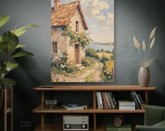 Puede incluir: Pintura al óleo de una pintoresca casa de campo con tejado de tejas rojas, rodeada de exuberante vegetación y un camino sinuoso. La obra presenta un paisaje sereno con un lago y nubes esponjosas, evocando una sensación de tranquilidad. La paleta de colores incluye tonos cálidos y azules suaves.