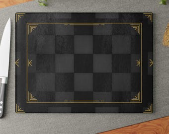 Tabla de cortar de vidrio templado con borde dorado, ideal para decorar la cocina.