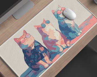 Lofi Groovy Cats Desk Mat - Oversized Cat Aesthetic Deskmat - XL Giant Mousepad - Desk Pad for Home Office