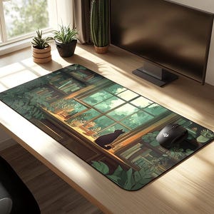 Podkładka na biurko Lofi Cat Study Desk Mat - Czarny kot Anime Estetyczna podkładka na biurko - XL Gigantyczna podkładka pod mysz - Podkładka na biurko do domu i biura