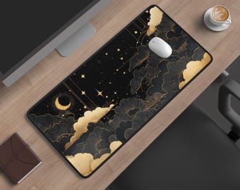 Tapis de bureau céleste doré et noir : tapis de souris XL phases de lune