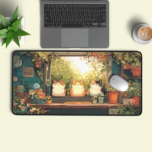 Lofi Cat Garden Desk Mat - Kawaii Anime Deskmat - XL Mousepad - Desk Pad Home Office