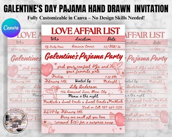 Galentines Day Pyjama Handgezeichnete Valentinstag Einladung, Gast Check Rosa Rot Galentines Invite, Mädchen Nacht im PJ Skurrile Hand gezeichnet