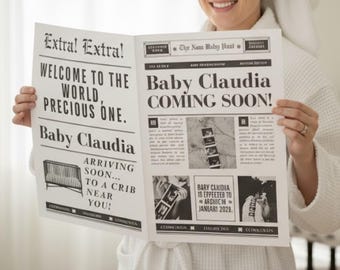 Anuncio de embarazo en periódico Canva, Anuncio de bebé en periódico grande, Anuncio de embarazo en periódico, Baby shower en periódico