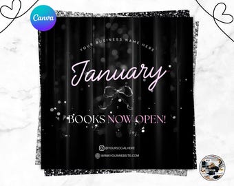 Otwarte książki w styczniu, Ulotka z rezerwacją świąteczną, Edytowalny szablon Canva, Różowa ulotka z książką noworoczną, Włosy, rzęsy, warkocze, technika paznokci, makijaż, fryzjerzy