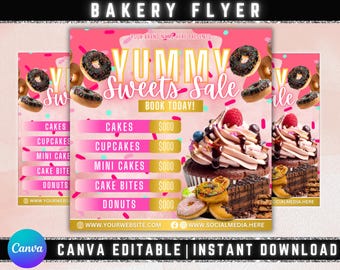 Bakkerijflyer, prijslijst bakkerij, flyer met lekkernijen, dessertflyer, bake-verkoopfolder, sjabloon taart, gebaksflyer